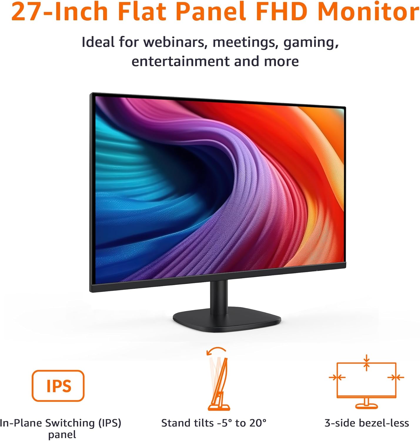 Amazon Basics 27 inch Monitor, FHD 1080P, Max 100Hz, VESA Compatible, Built-in Speakers, Black - Image 7