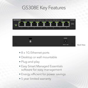 NETGEAR 8-Port Gigabit Ethernet Easy Smart Managed Essentials Switch (GS308E) - Desktop or Wall Mount, Home Network Hub, Office Ethernet Splitter, Silent Operation